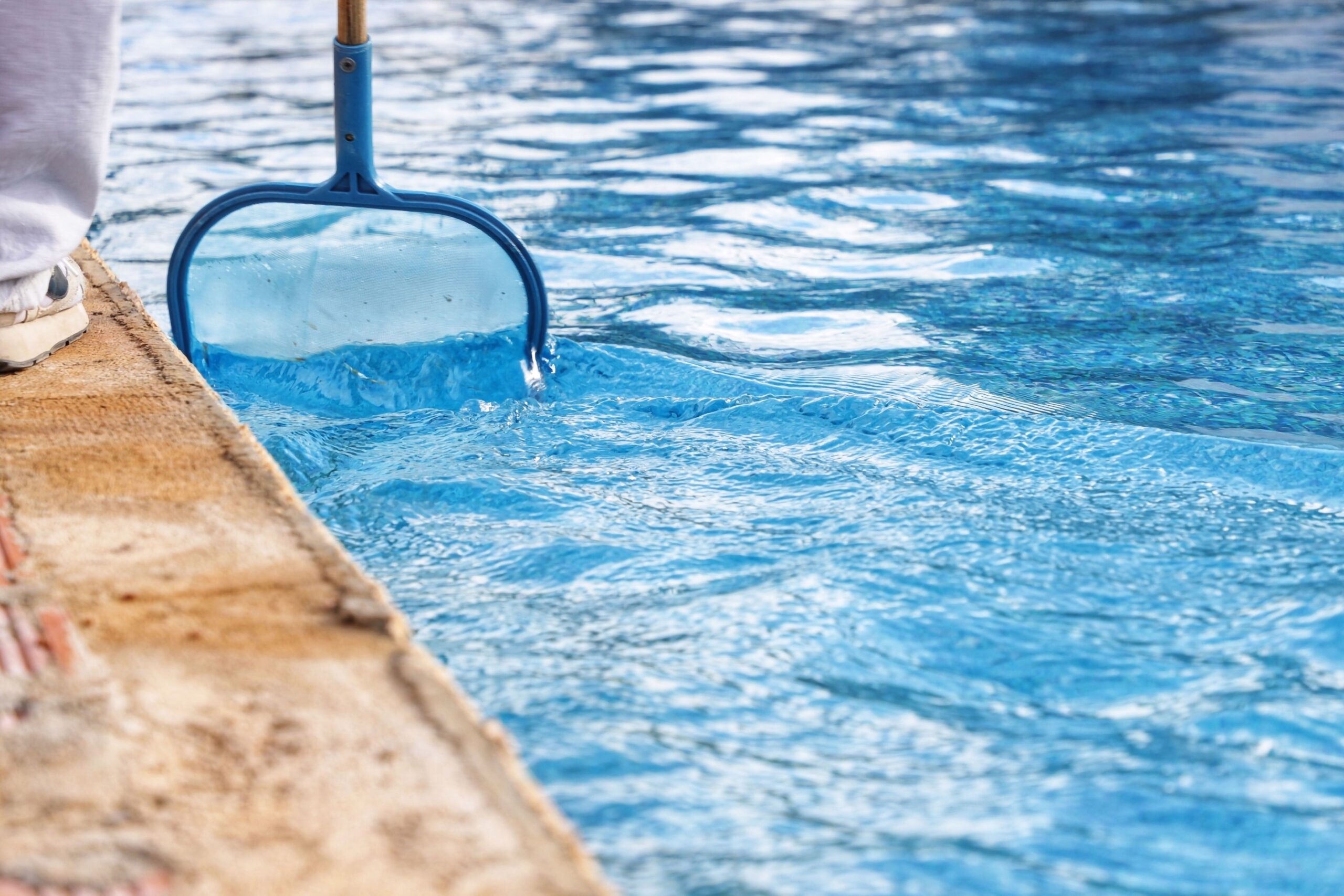 A person is using a plunger to clean the side of a swimming pool in a sunny outdoor setting